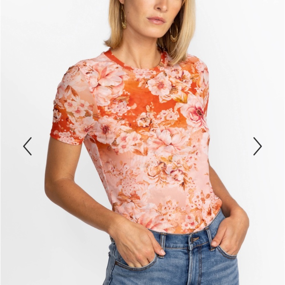 Johnny Was Yours Truly Floral Mesh Short Sleeve Blouse Top, NWT Sz L